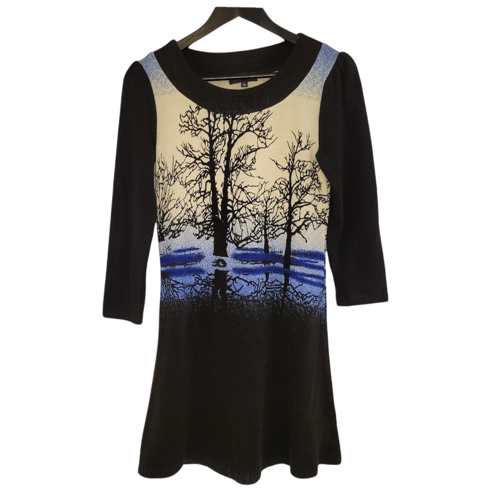 Papillon Blanc Black and Blue Scenic Print Dress